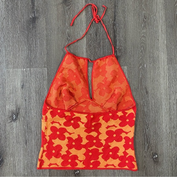 Madden NYC Size XLarge Womens Halter Top Red Floral Blouse Sleeveless Open Back - Picture 5 of 7